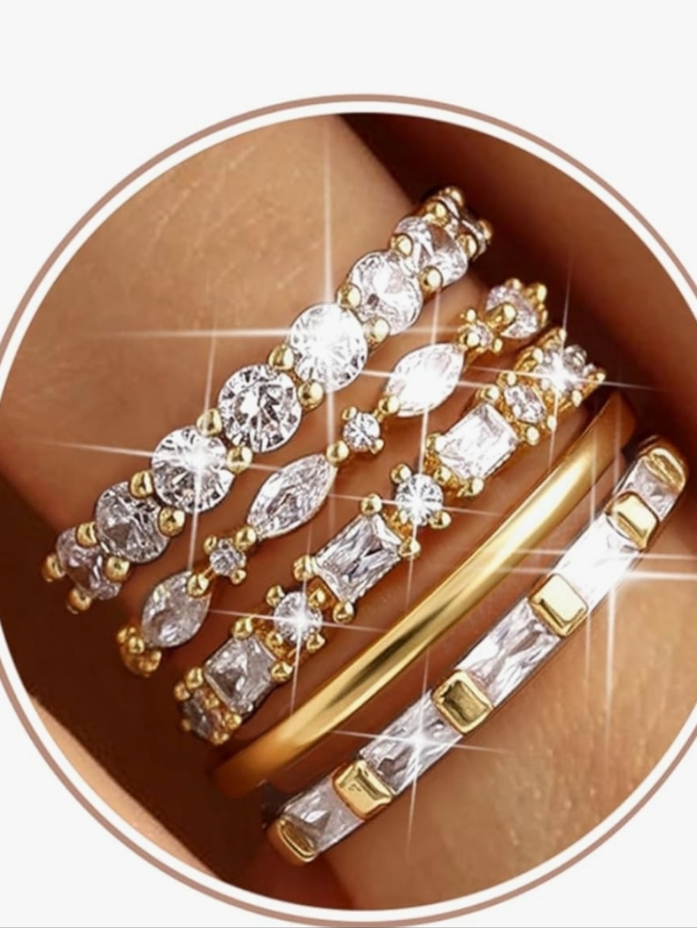 Gold Crystal Stackable Women’s Ring Set - Elegant Sparkle